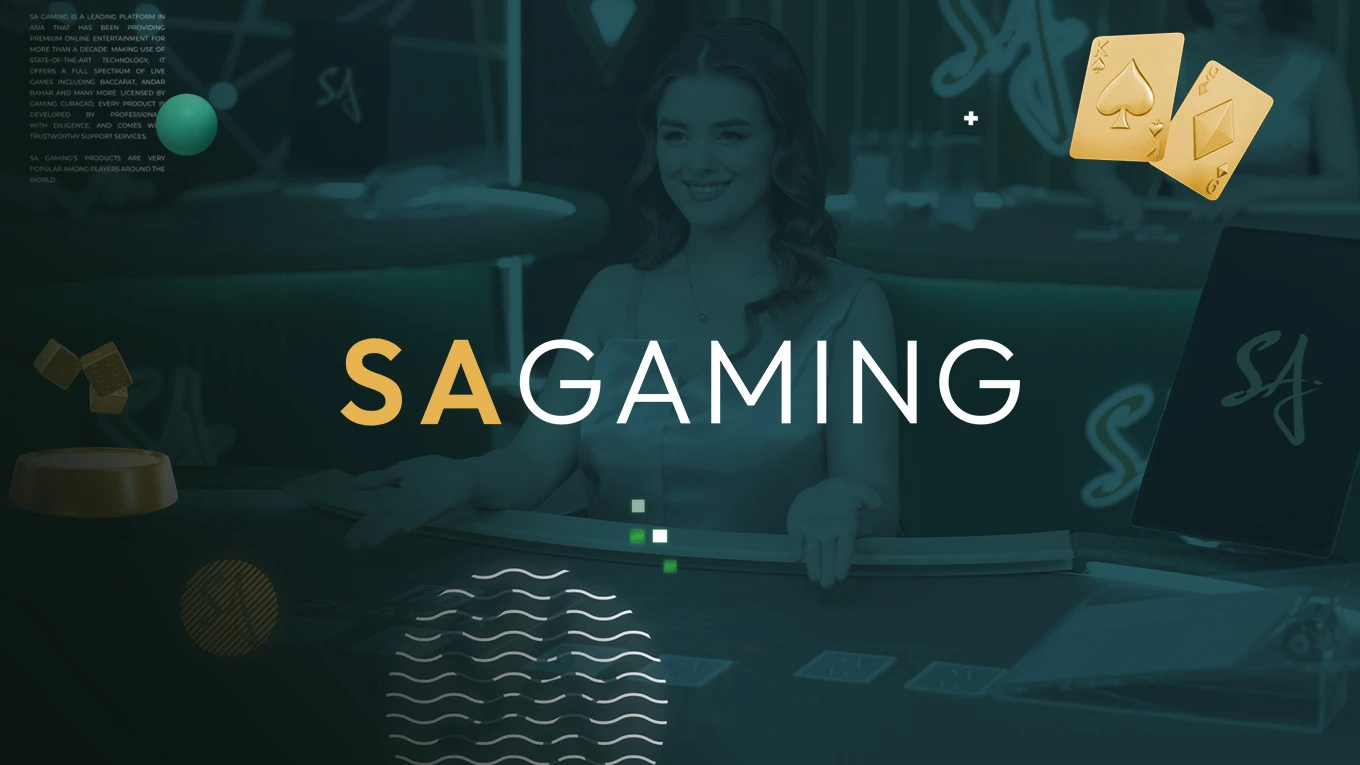 Graphic design featuring the text 'SA Gaming' with abstract shapes and gaming elements in the background.