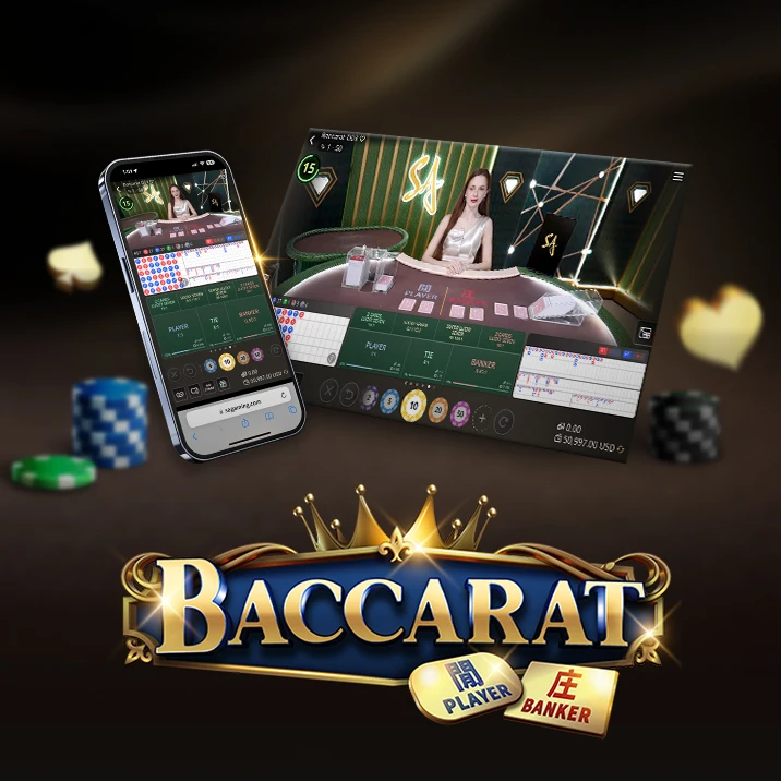 Mobile and desktop view of baccarat side bets interface by SA Gaming, live casino provider, including various Lucky Seven options