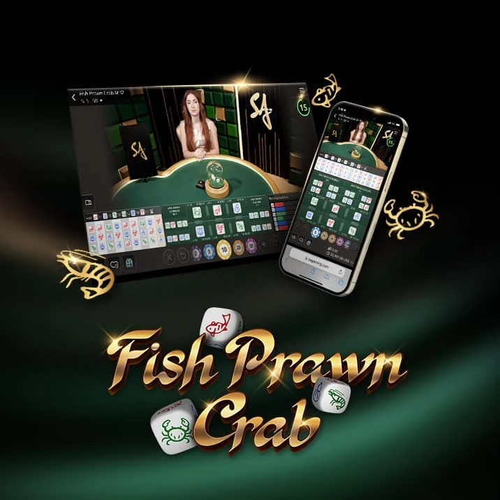 Fish Prawn Crab in Gold letters accompanied by desktop and mobile interface of the online casino game with live dealer.