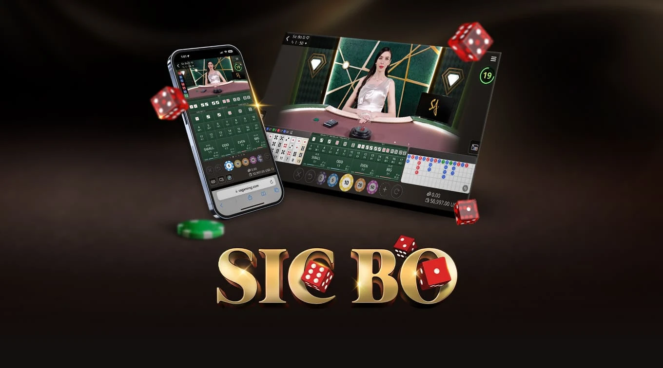 Image for an online Sic Bo game featuring a mobile interface on the left and a tablet interface on the right. The text 'SIC BO' is prominently displayed at the bottom, with colorful dice and betting options floating around.