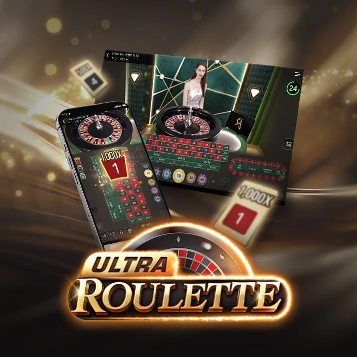 Online Ultra Roulette casino game by SA Gaming showcasing desktop and mobile version, with stylized Ultra Roulette logo.