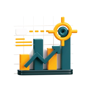 3D illustration of a bar graph in teal and orange, featuring a target symbol at the top right and horizontal lines in the background, representing growth and data analysis.