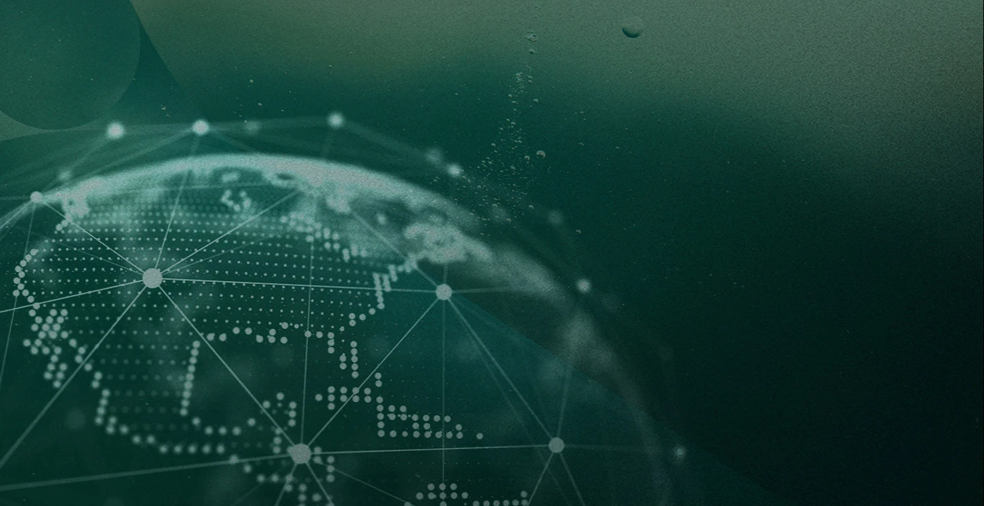 Abstract illustration of a globe made of interconnected lines and dots, set against a dark green background with subtle textures.