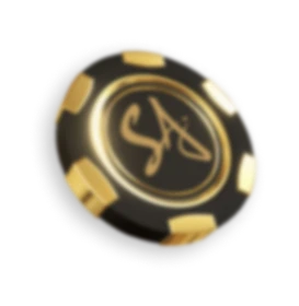 Close-up of a glossy black poker chip with gold accents and a stylized 'SA' logo in the center.
