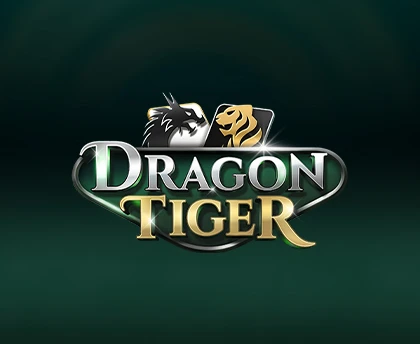 Stylized 'Dragon Tiger' logo featuring a black dragon and a gold tiger on either side, with bold silver and gold lettering, set against a gradient background of dark green.