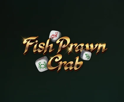 Logo for the online casino game Fish Prawn Crab, featuring three dice with colorful symbols of fish, prawn, and crab.