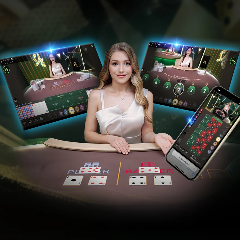 A graphic showcasing 'SA Gaming' with a woman in a red dress at the center. Surrounding her are two screens displaying online blackjack tables and a smartphone with game graphics. The background features a casino setting.