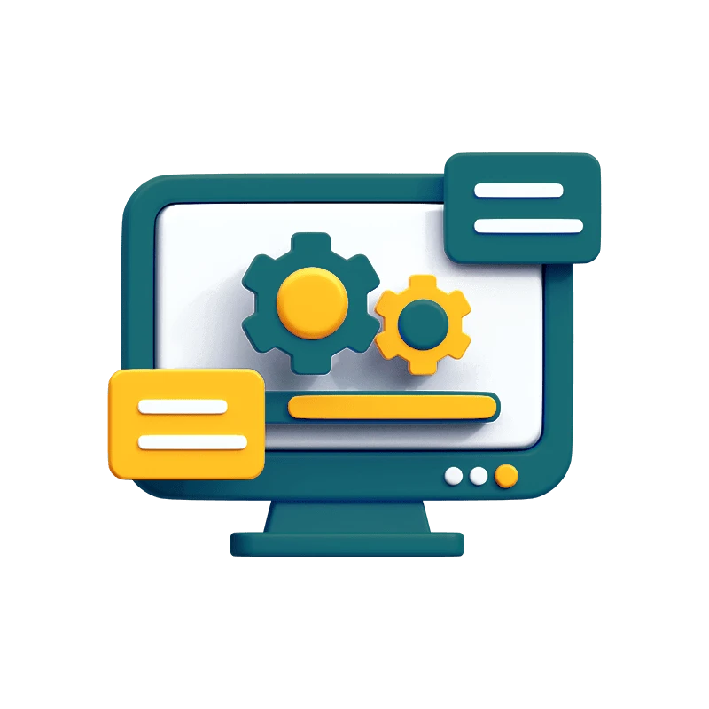 Stylized computer screen displaying gears and chat bubbles, representing technology and settings.