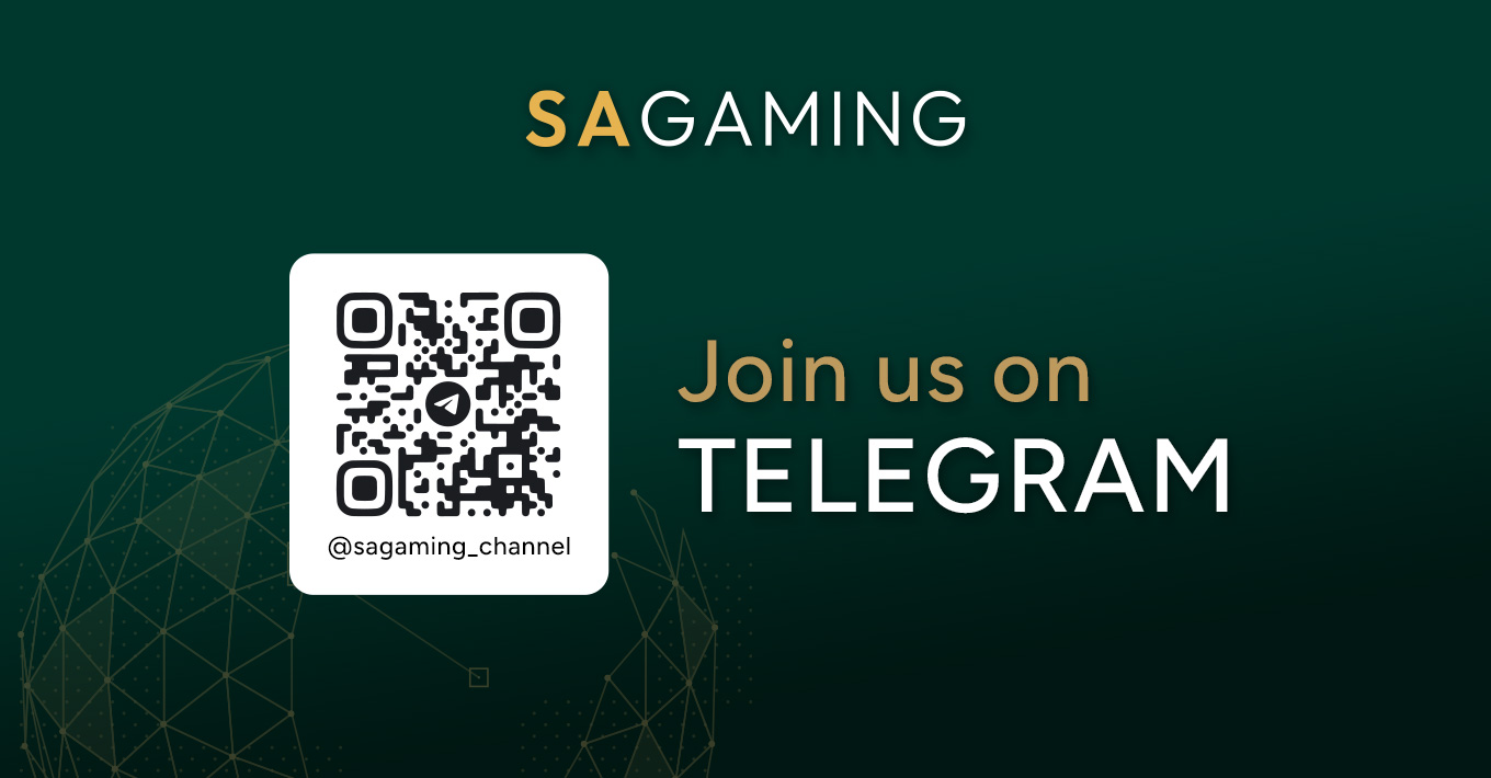 SA Gaming Telegram banner with QR code and @sagaming_channel, inviting players to join its official Telegram gaming community